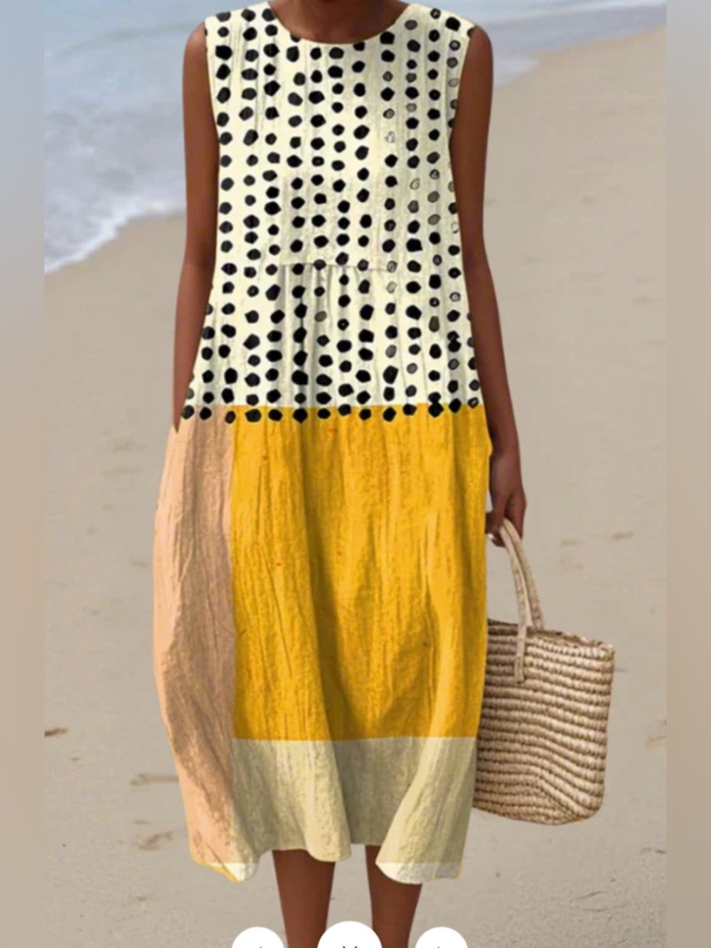 Polka Dot & Colorblock Sleeveless Midi Dress - Yellow, Cream, Black